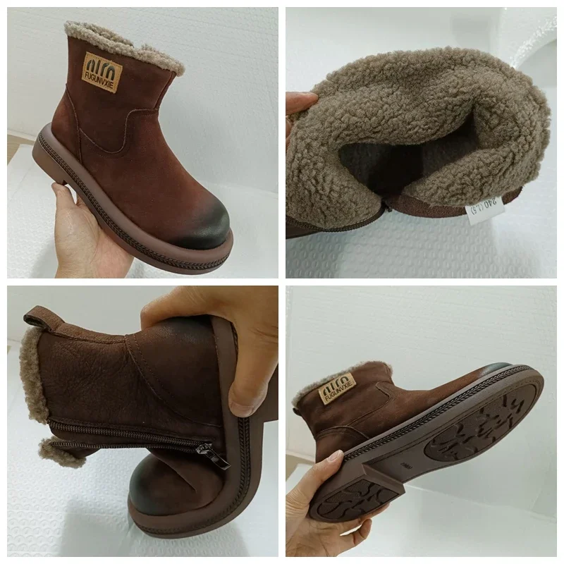 Careaymade-Bottes de rinçage en cuir véritable naturel pour femmes, chaussons plats à semelle souple, chaussures en caoutchouc, daim de vache épais, confortables, printemps, automne