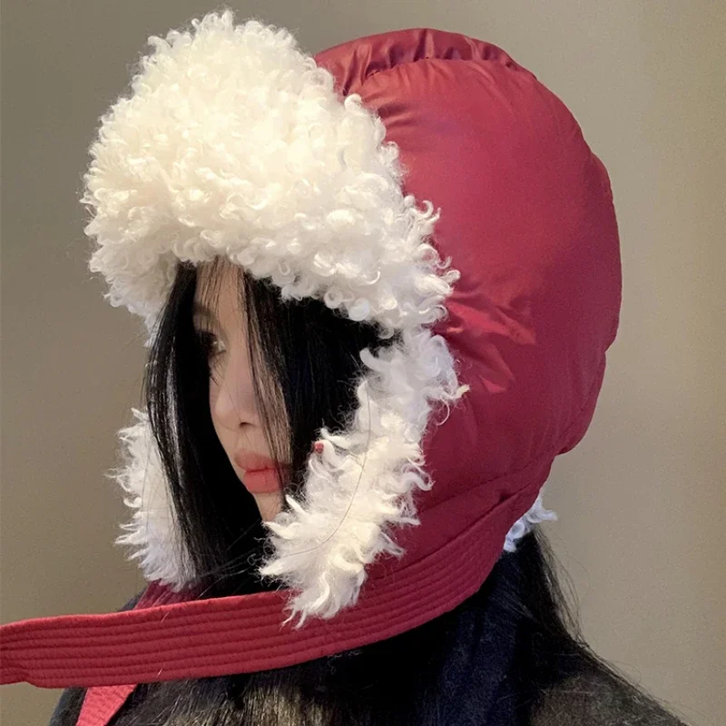 Korean Simple Lamb Wool Lace-up Lei Feng Hat Outdoor Winter Riding Ear Protection Warm Flight Bomber Hats for Men and Women