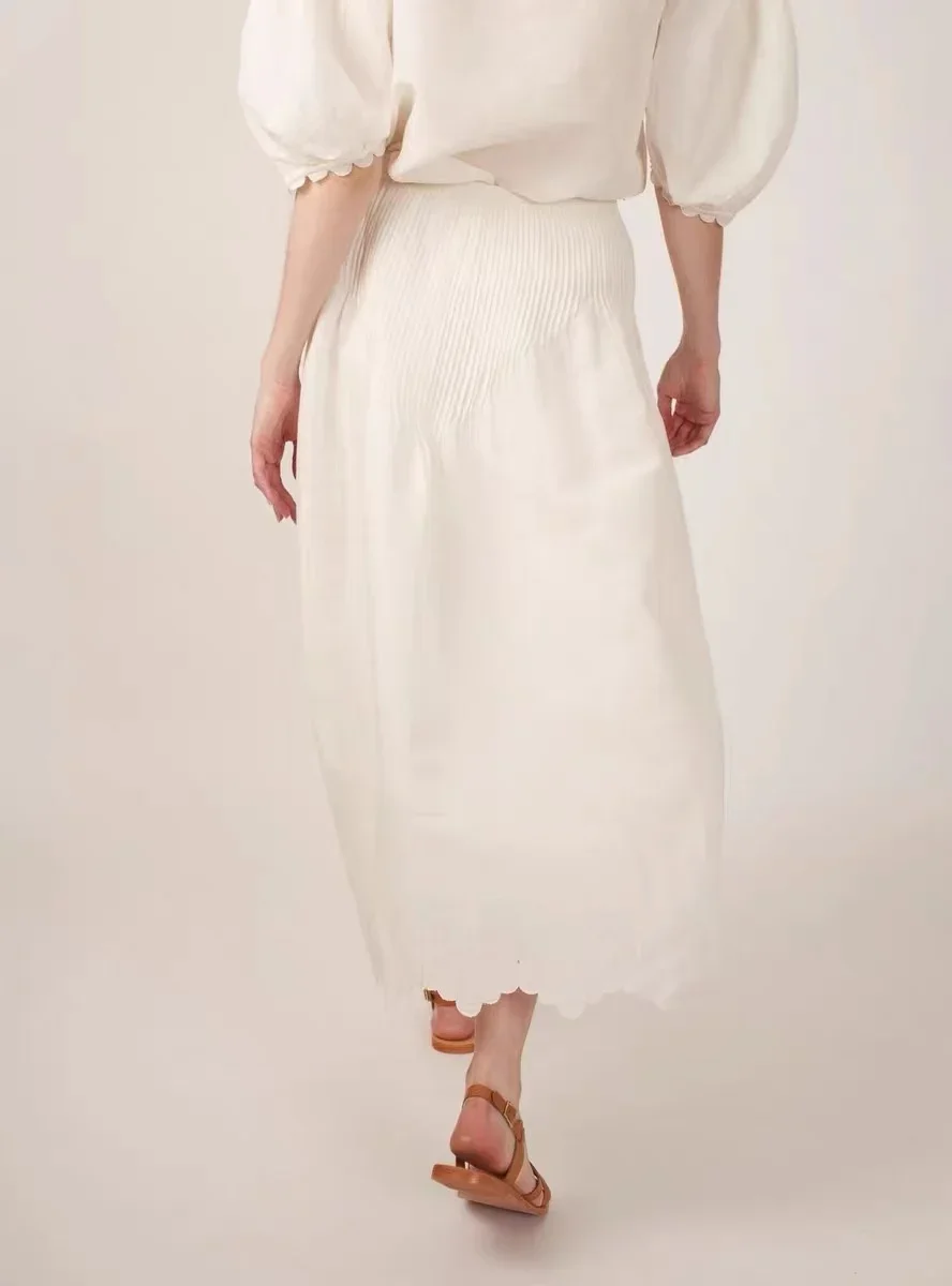 Women's Cotton Linen Long Skirt High Waist Folds Solid Wave Cut Edge skirt