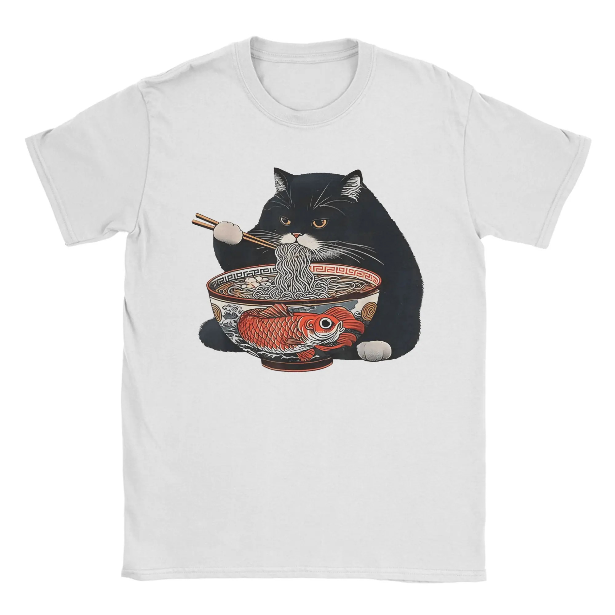 Funny Black Fat Cat Eating Ramen T Shirts Men 100% Cotton Humorous T-Shirt Crew Neck  Tees Short Sleeve Clothing Adult