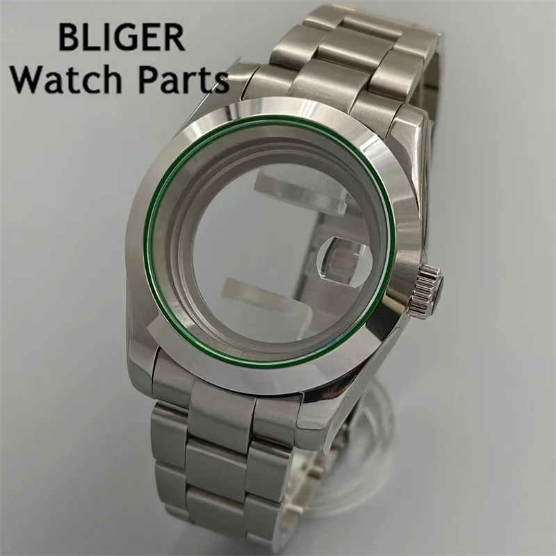 Bliger เคสขัดเงาขอบสีเขียว36มม./40มม. กระจกแซฟไฟร์พอดีกับ NH35 NH36 ETA2824 2836 Mingzhu DG2813 3804 Miyota8205 8215 PT5000