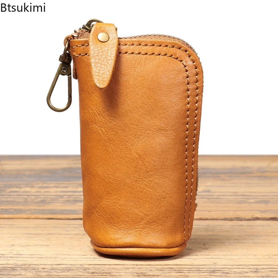 New Men's Genuine Leather Key Bag, Leather Cowhide Bucket, Key Box, Zipper Pocket, Car Keychain, Car Keychain Bag Home Keychain