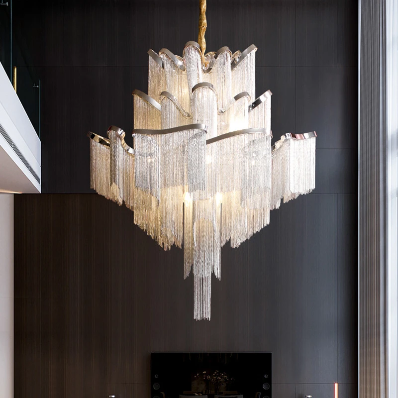 Postmodern light luxury tassel large chandelier, duplex building, loft villa, café hotel, staircase designer hanging lamp