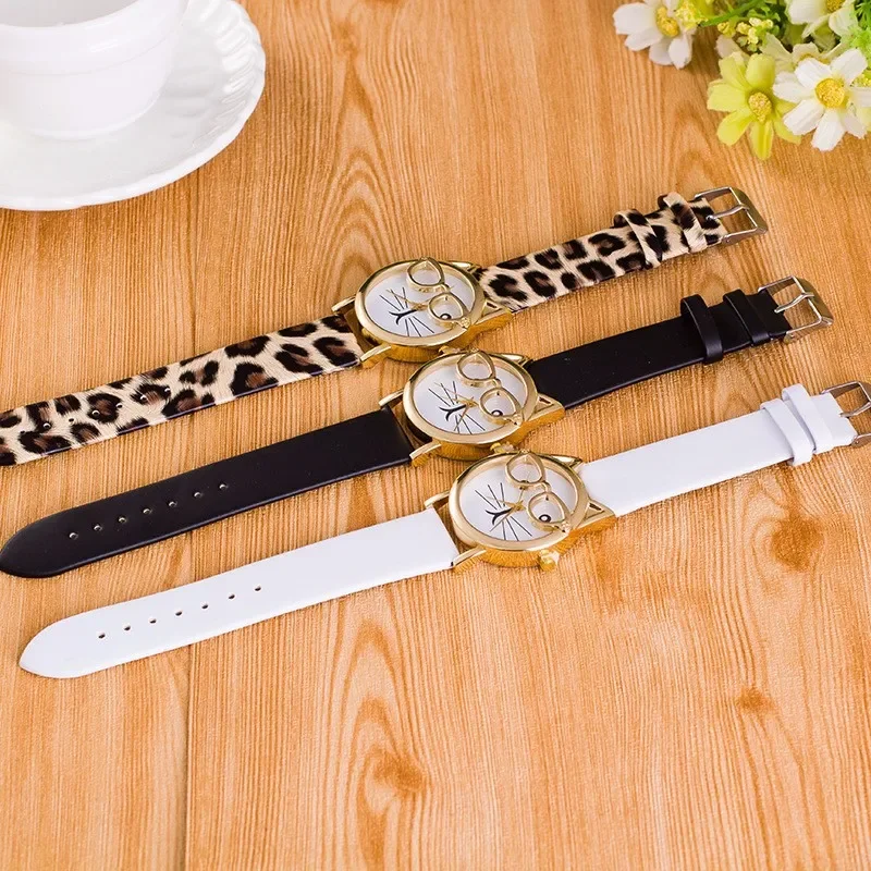 Geneva Watch Women Leather Strap Analog Quartz Wrist Watches Leopard Cat Face Glasses Kids Clock Ladies Watch Relojes Para Mujer