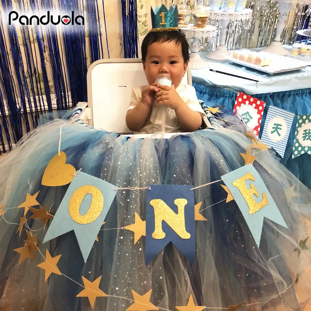 Boy Girl First Birthday Party Baby Chair Flag Banner Pink Blue One Year Old Birthday Hanging Bunting Celebrate Party Decor