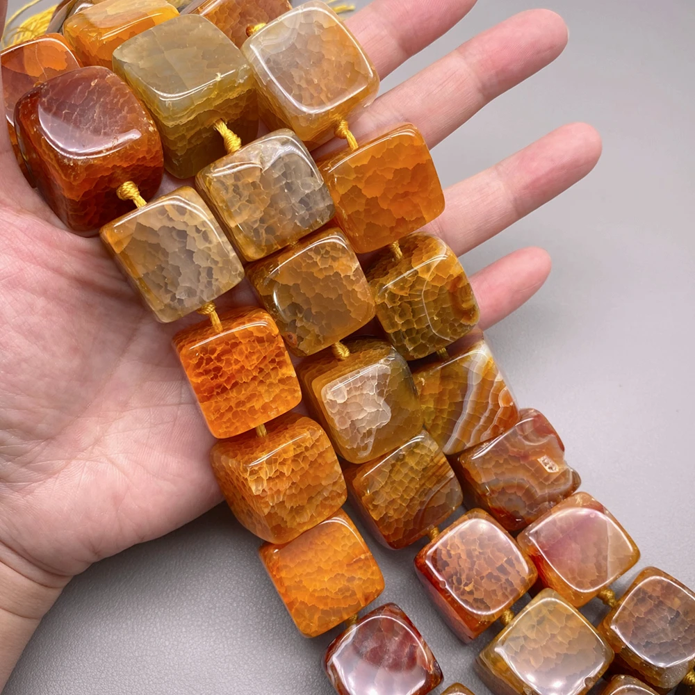 One Strand 23mm Big Cracked Dragon Vein Agate Square Cube Loose Beads Yellow Agate Gemstone Spacer Jewelry Making Supplies