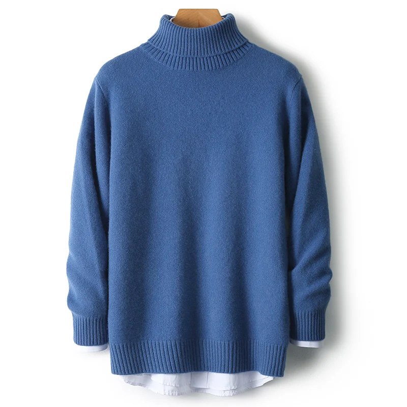 Thickened wool sweater men 100 pure goat hair high lapel 2024 new autumn and winter sweater solid color knit base shirt