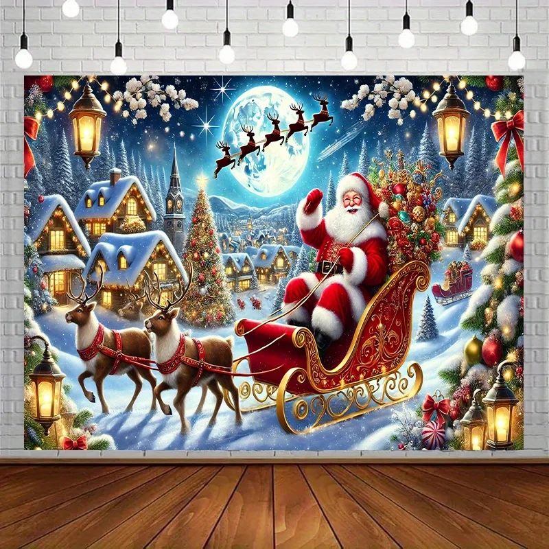 Santa Claus Reindeer Village Tapestry, Snowy Winter Scene with Bunting Lights Wall Art for Indoor Outdoor Holiday Decor
