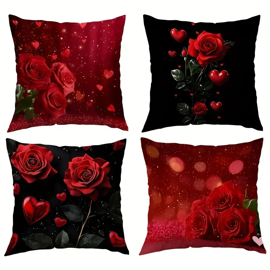 Red Rose Love Heart Pattern Home Decor Pillow Cover Living Room Sofa Polyester Cushion Cover Zipper