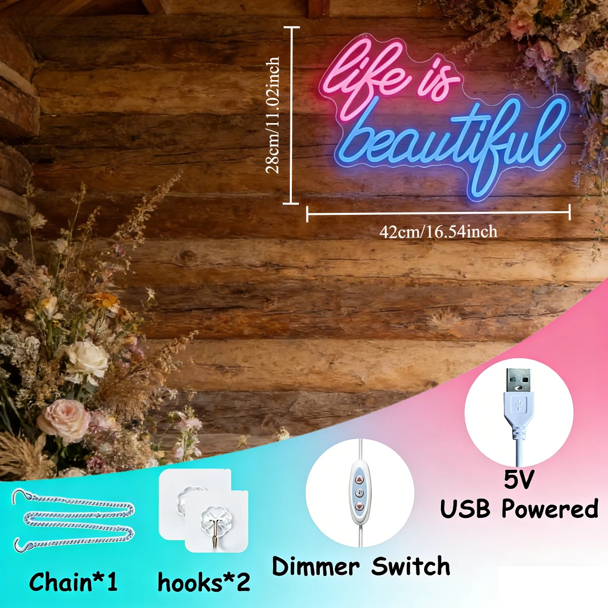 Life Is Beautiful LED Neon Sign Dimmable USB Wall Light for Bedroom Living Room Cafe Hotel Birthday Party Anniversary Gift Decor