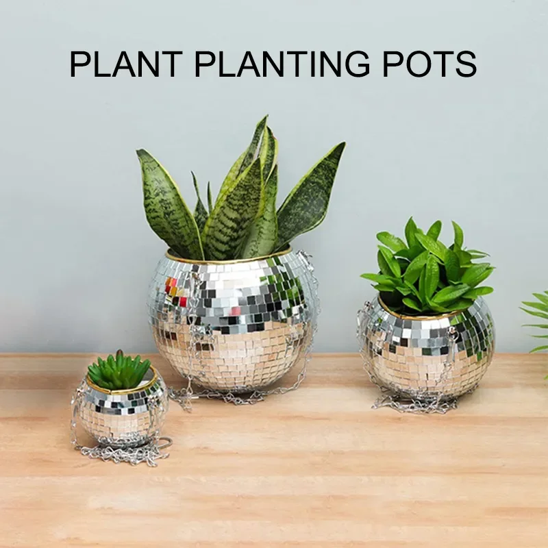 1PC Disco Ball Creative Round Flowerpot Hanging Basket Plastic Glass Mirror Plant Planting Pot Succulent Sliver Color