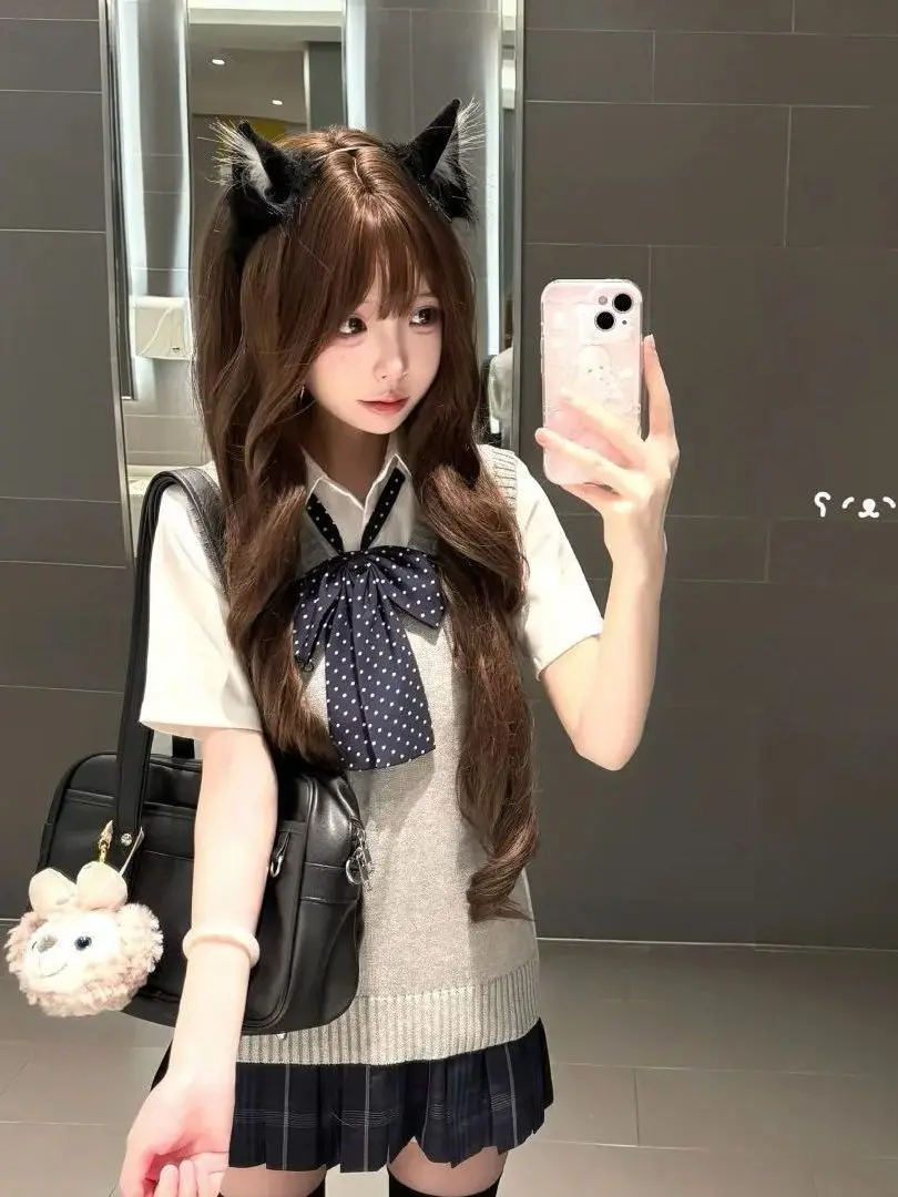 JK Summer Uniform Knitted Vest Sweater Set College Style Short Skirt Plaid Skirt Ensemble Breathable Polyester Fabric Button ...