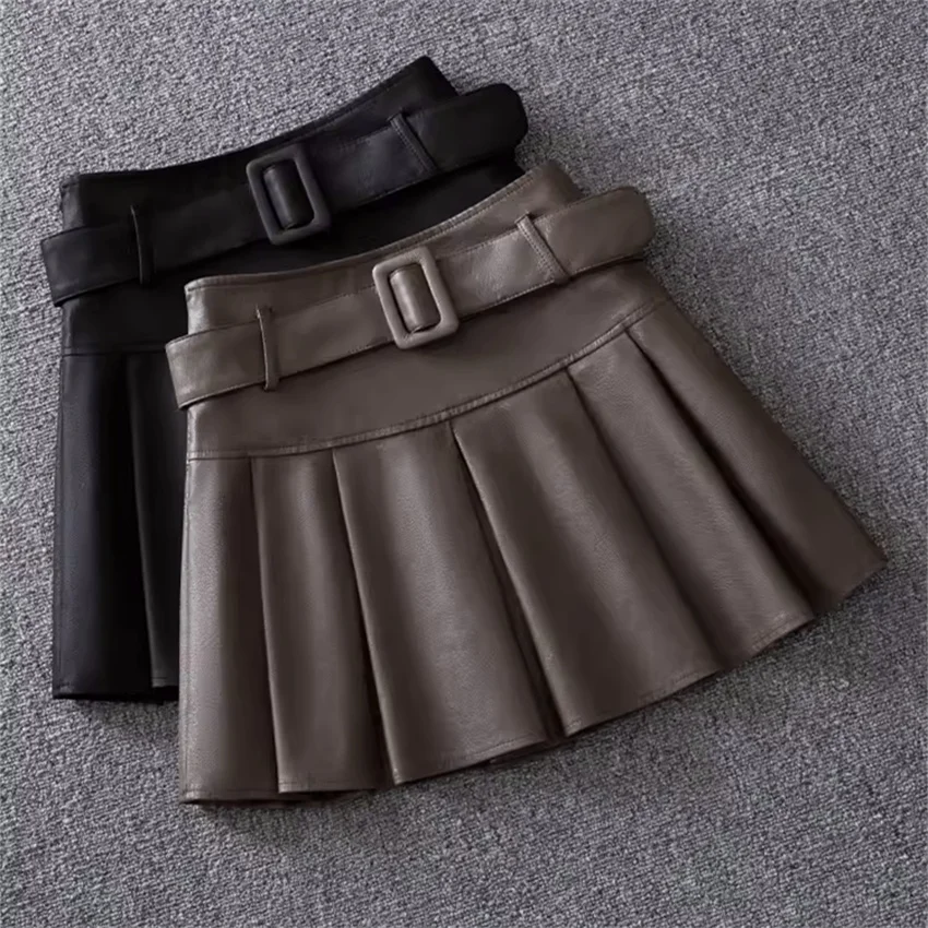 

Gowyimmes Spring Autumn Fashion Elegant Women PU Skirt Lady High Waist Pleated Skirts Female A-line Skirt Mini Bottomings PD1677