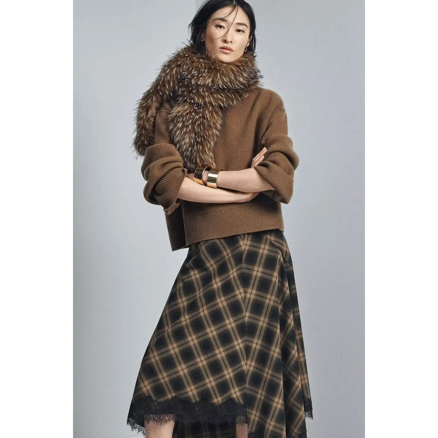 Fashionable Limited Edition Plaid Lace Skirt Spring Summer New Arrival Women's High Waist Asymmetric Polyester Fiber Skirt