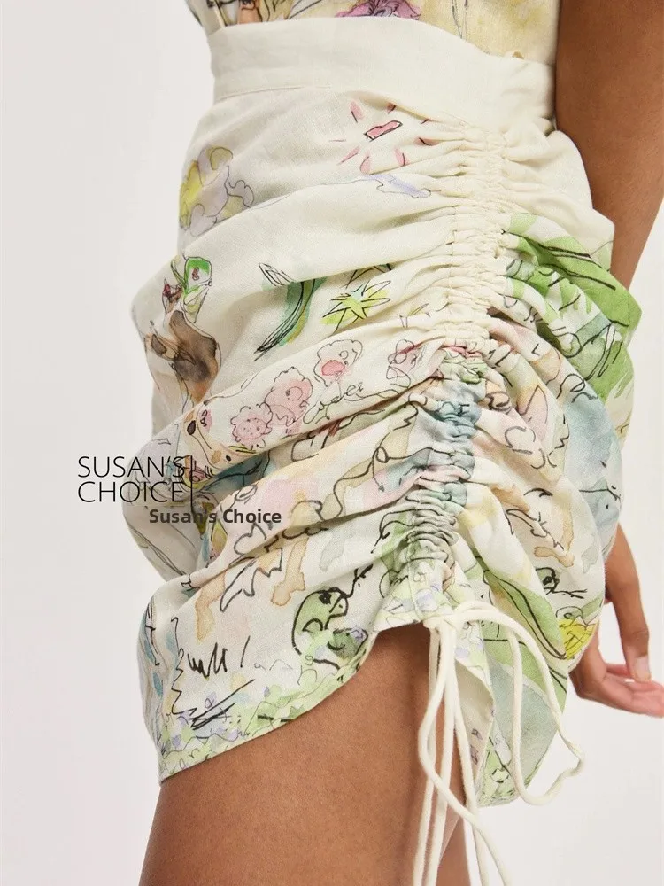 

Susan Summer Casual Sle White Print Svel irt And Pleated Skirt Set Women's Loose Fit Linen Blend Top Bot