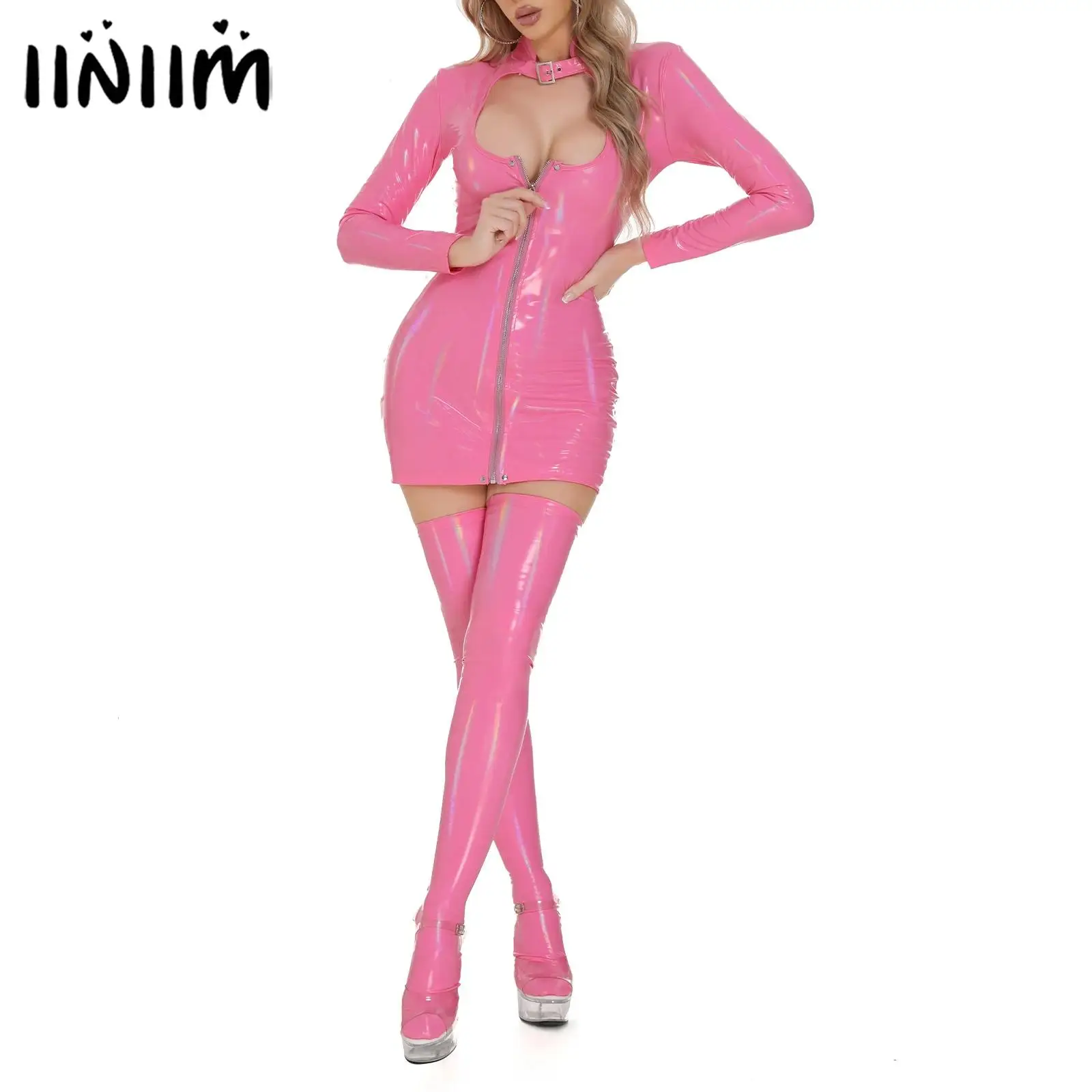 Sexy Womens Patent Leather Dress Latex Catsuit Costume Bodycon Dress with Stockings Set Rave Party Wet Look Rave Party Club Wear