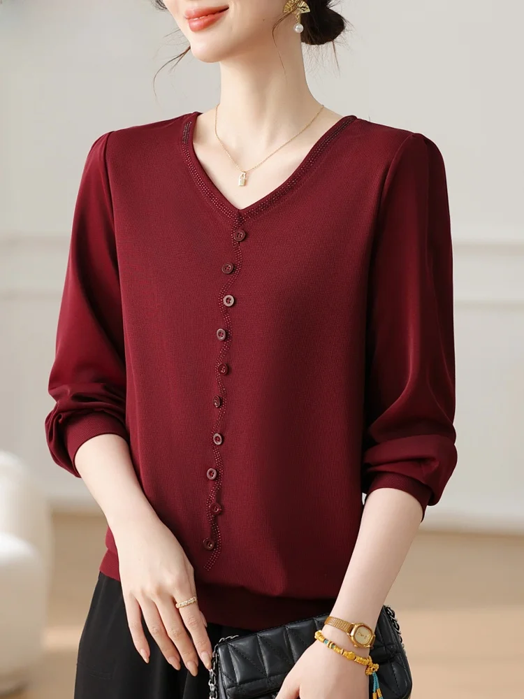 

Весенний вязаный свитер тонкой вязки для женщин среднего и старшего возраста, модная свободная футболка с V-образным вырезом для свадебного банкета