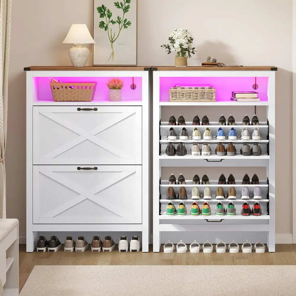 LED Shoe Cabinet with 2 Flip Drawers Entryway Modern Shoe Storage Rack Organizer