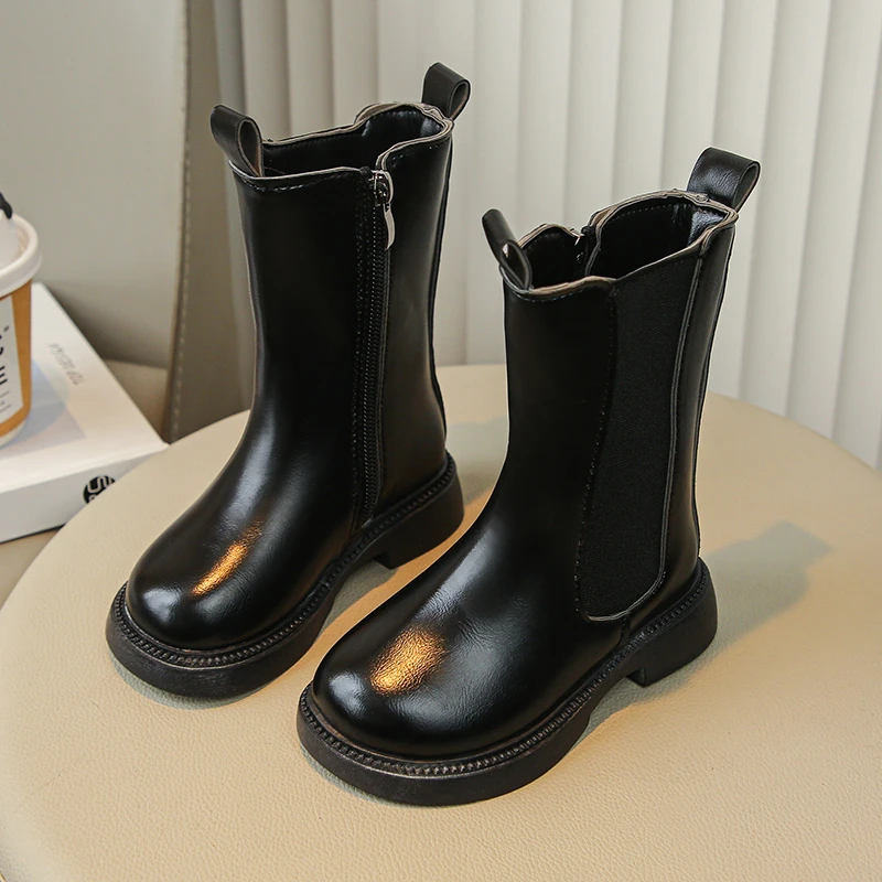 Children Leather Boots for Girls Simple Classic Fashion Kids Knee-high Botas Back Zipper Long Spring Winter New Rubber Shoes