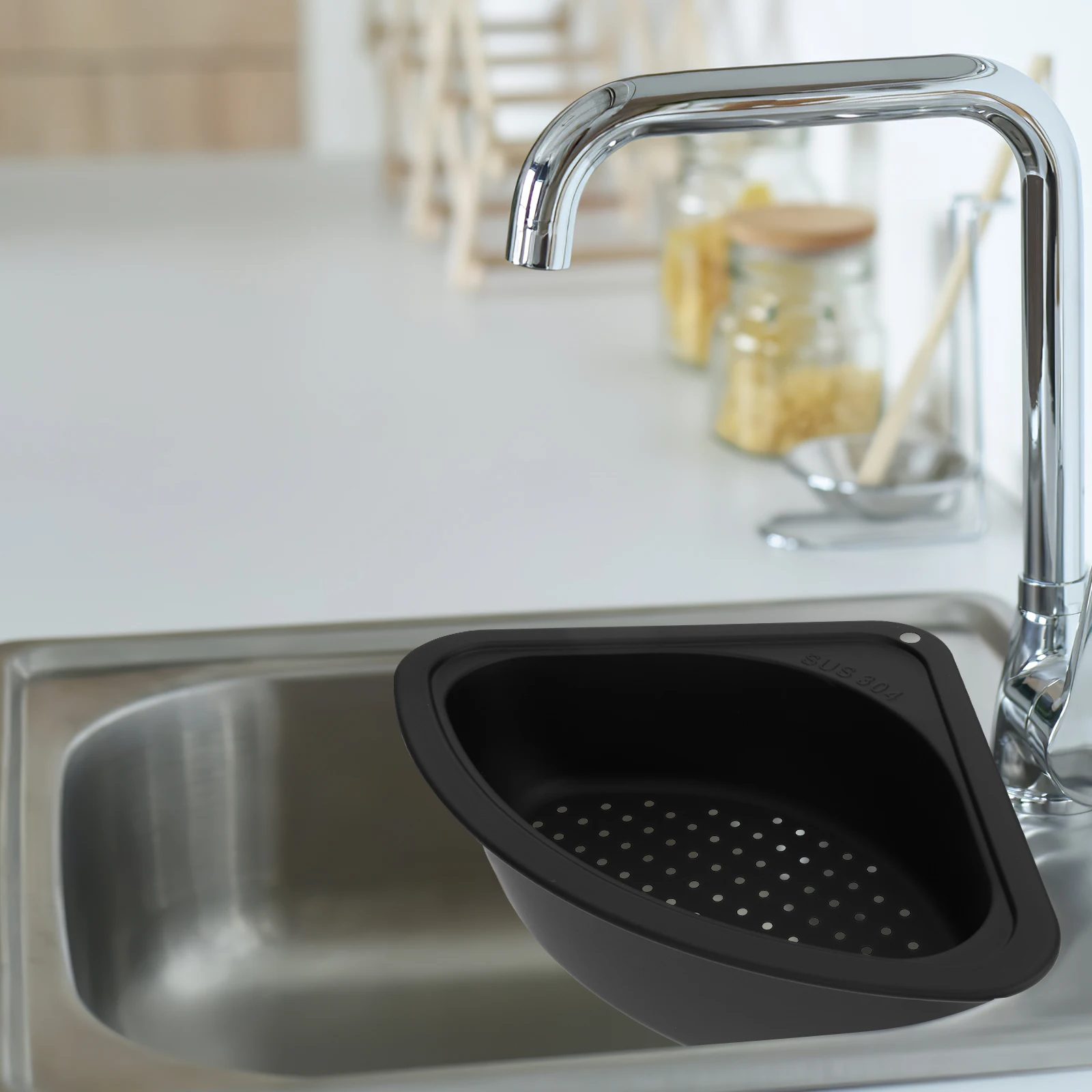 

Stainless Steel Drain Basket Strainer Sink Draining Corner Black Food Waste Filter Kitchen Sink Caddy Triangular Basket