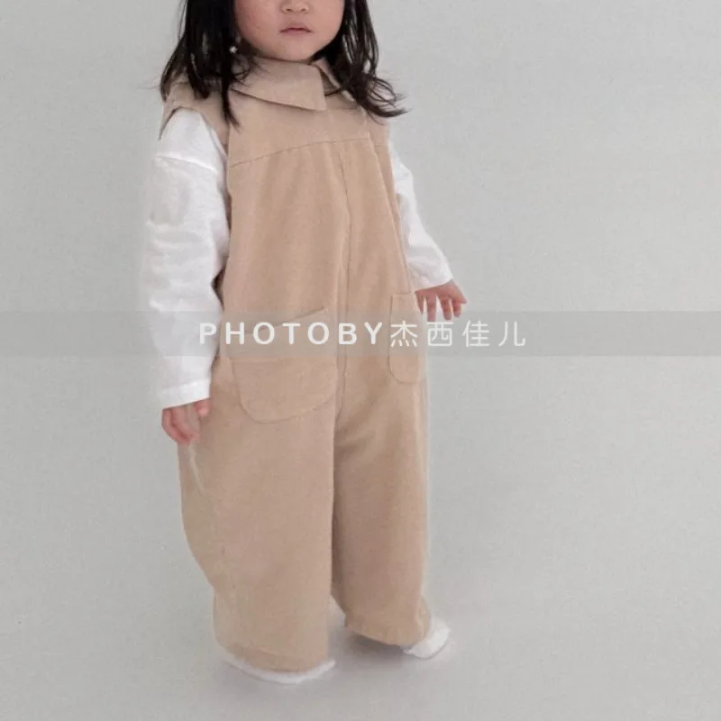 

Kids Spring Autumn Bodysuits 2025 New Korean Fashionable Boys Girls Casual Daily Solid Color Turn-down Collar Casual Pants