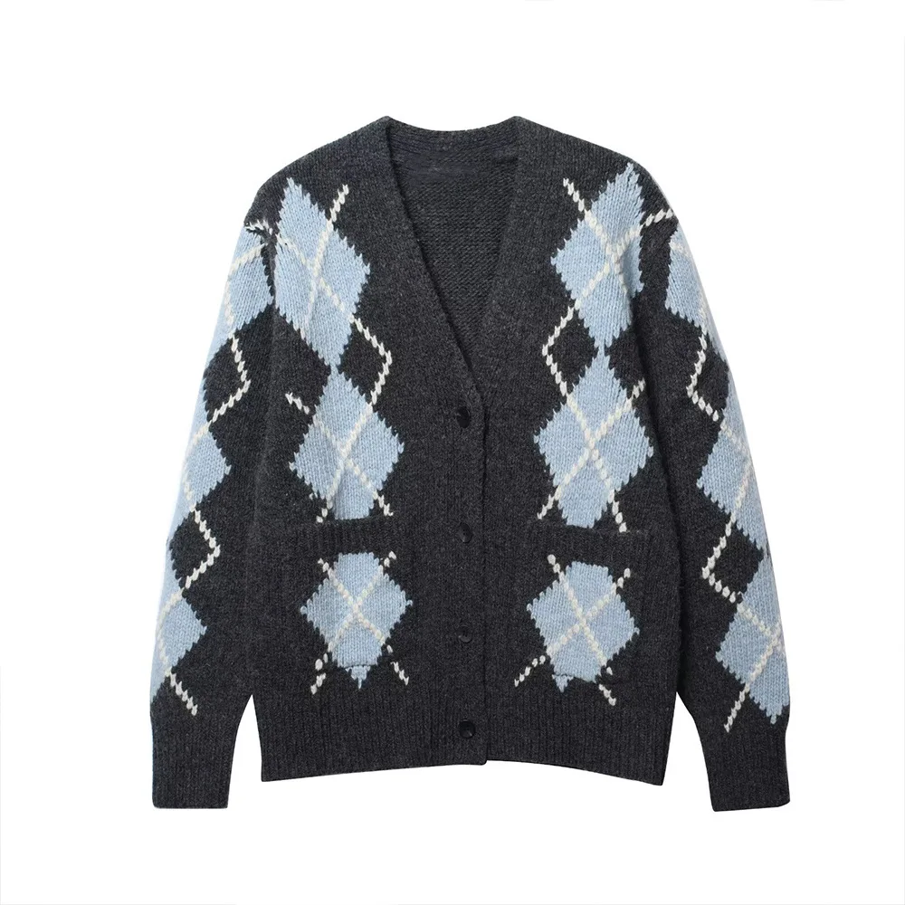 

Woman's Chic Knit Argyle Jacket V-neck Long-sleeved Diamond Knitted Cardigan Vintage Preppy Style Sweater Coat New Female Outfit