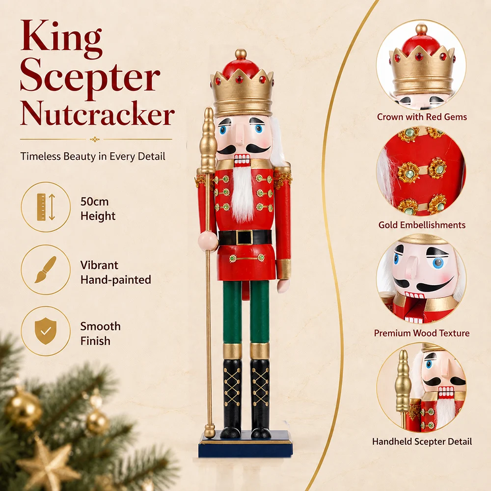 1pcs 50cm Holzpuppe Nussknacker Umhang König Skulptur Weihnachts puppe rot Handwerk Neujahr Dekoration Handwerk Ornament Geschenke – Detail 9