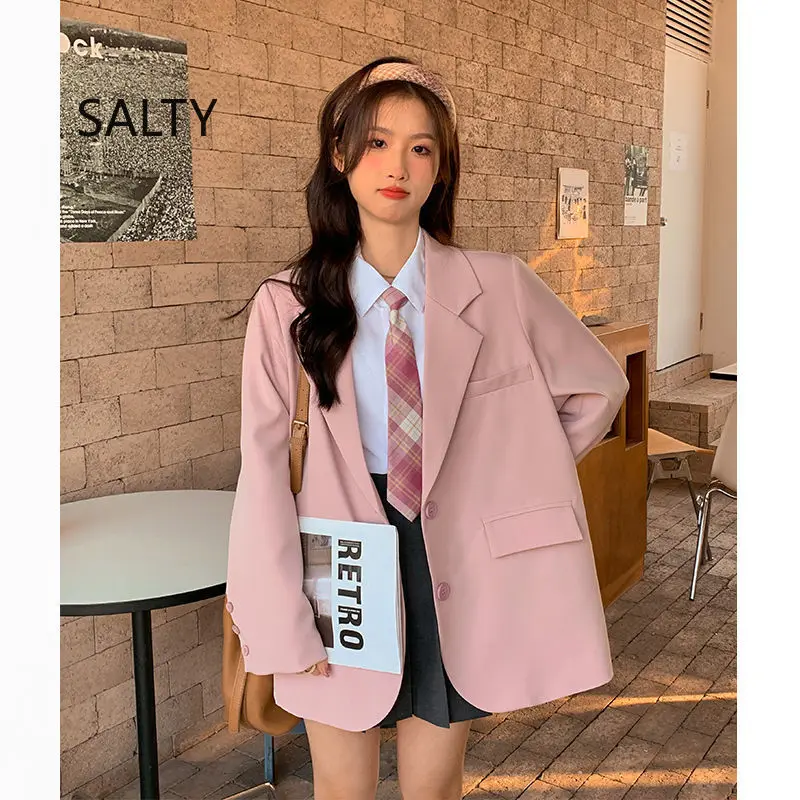 Nuevo 2025 Blazer rosa para mujer, chaqueta holgada coreana para estudiantes, Blazers elegantes lisos para oficina para mujer