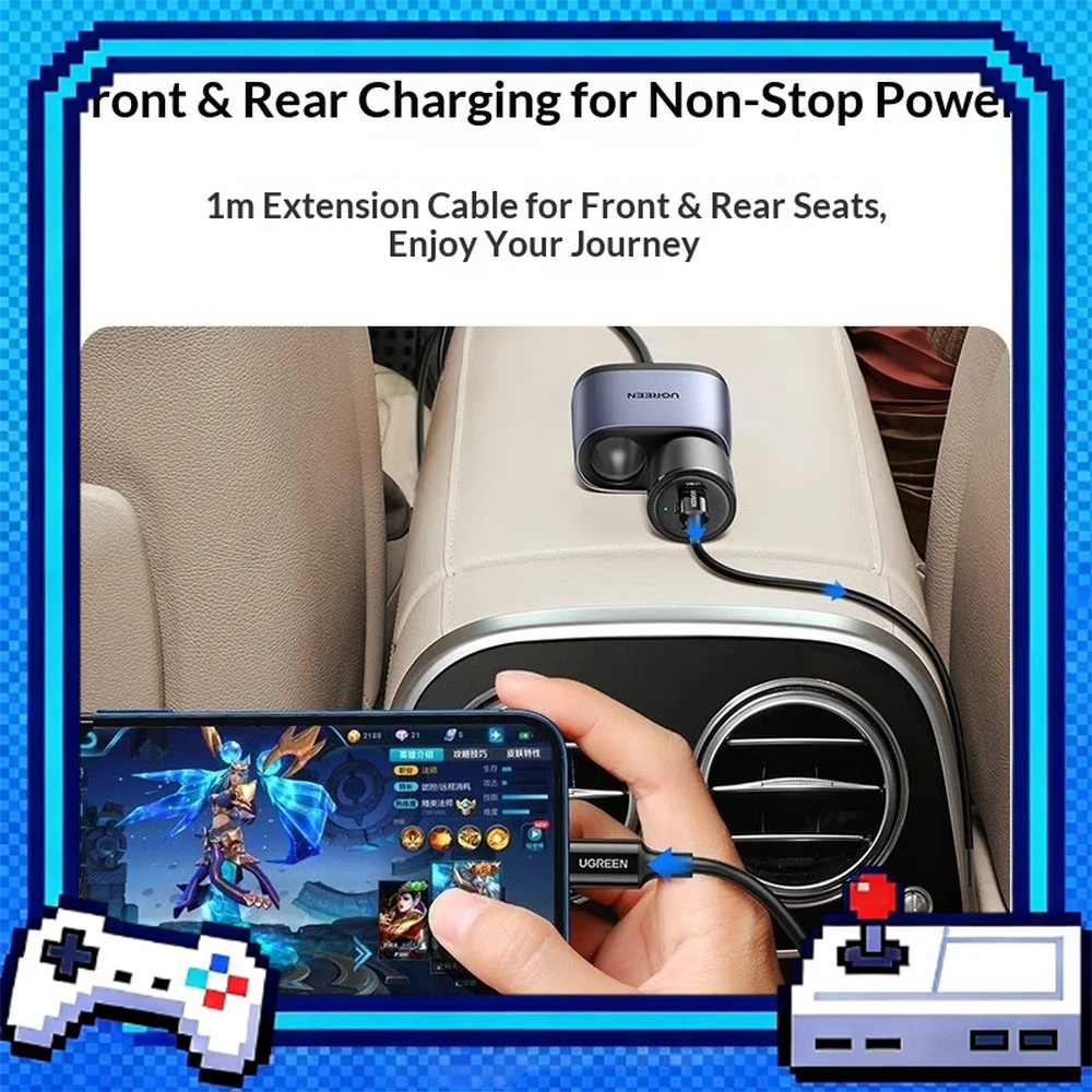 UGREEN 30886 216W 2-Socket Car Charger Splitter with Front Rear Extension Cable PD USB C USB Charging.