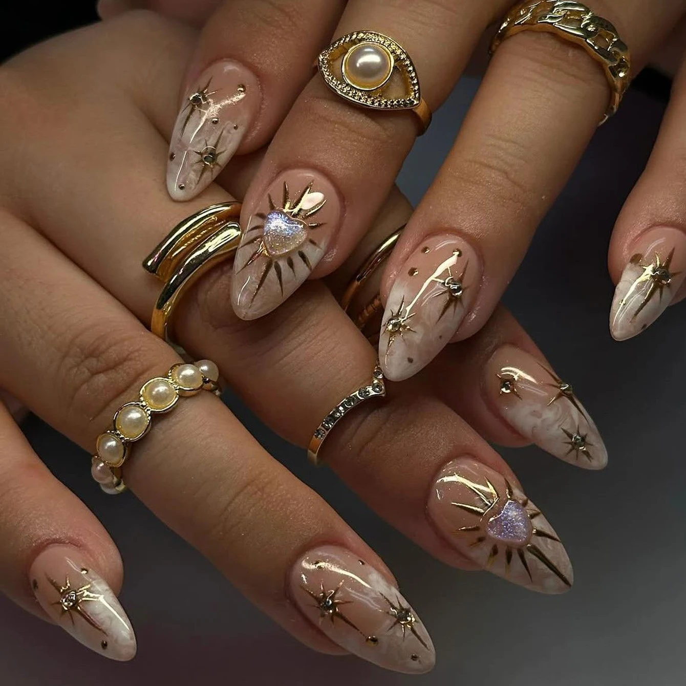 10PCS 3D Sun Star Gold Nail Almond Short Gold Charm Design Reusable Acrylic Fake Nails for Women and Girls as Gifts