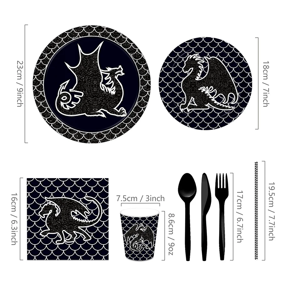 Cartoon Wild Dinosaur Black Dragon Birthday Party Disposable Tableware Sets Plates Tablecovers Decors Baby Shower Party Supplies