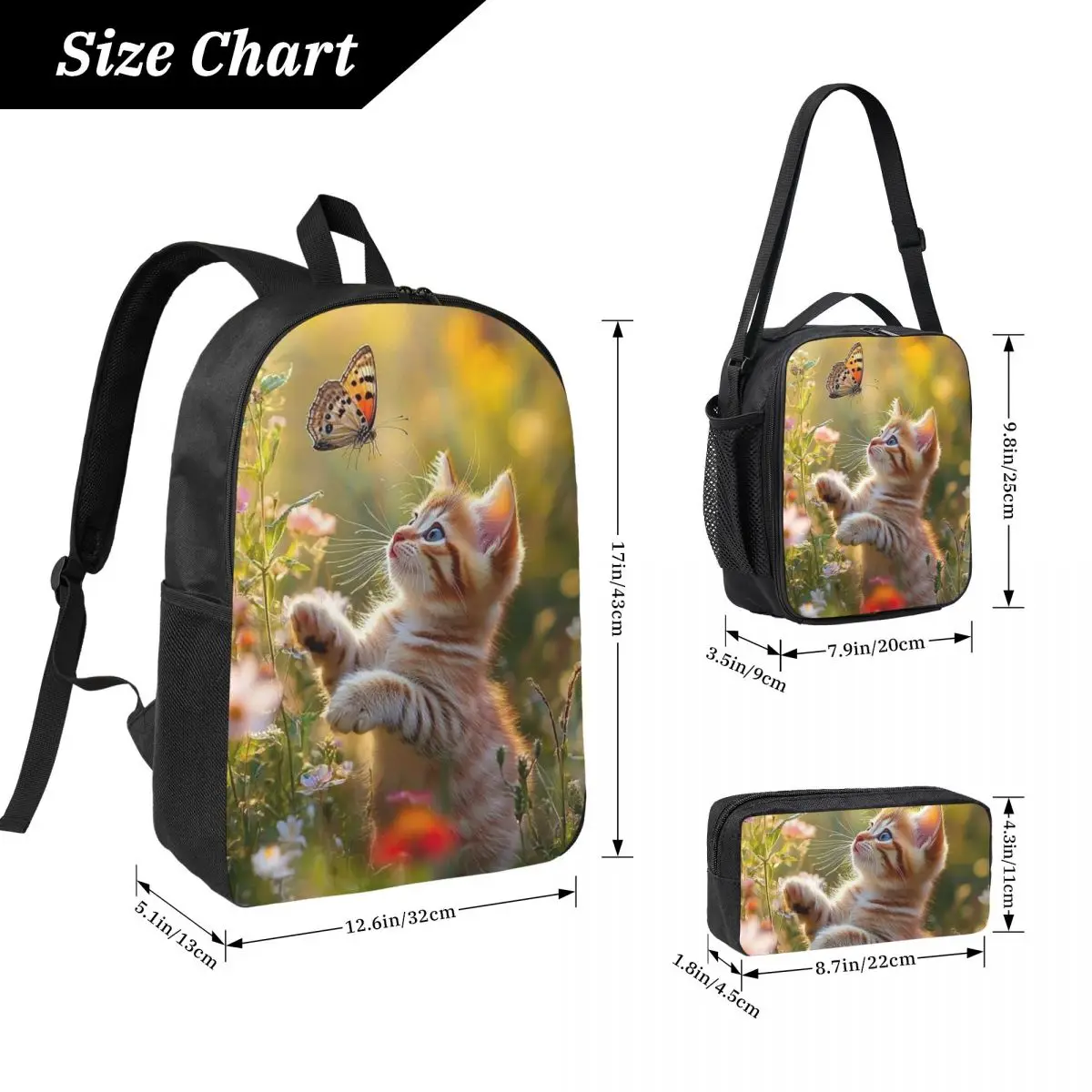 Adorable Kitten And Butterfly In Grass Backpack BookBag School Bag Laptop Shoulder Bags 3ps Insulated Lunch Bag Pencil Case