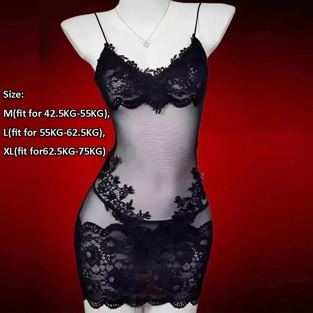 Women Fashion Slim Lace Plunge Sexy Dress Hollow Out Backless Sleeveless Dress See Through Nightgown Summer Party Clubwear