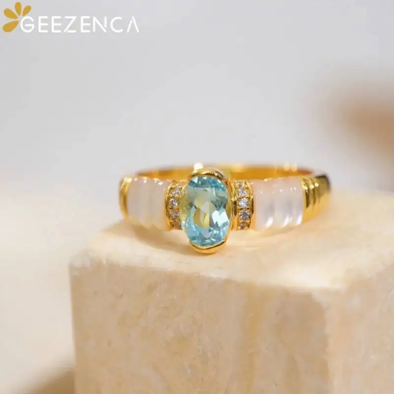 GEEZENCA Natural Topaz 925 Sterling Silver White Mother of Pearl Zircon Ring For Women Blue Stone French Chic Rings 2024  Gift