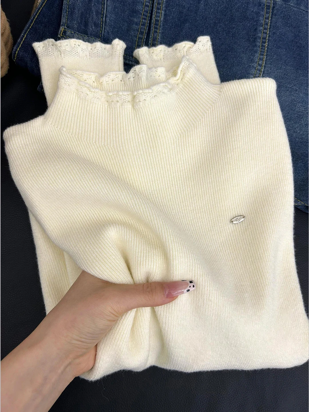 المرأة f-الياقة العالية طويلة Sve محبوك أعلى إيرليت الدانتيل تقليم طبقات قاعدة irt الكورية Sle الخريف الشتاء Faion #3