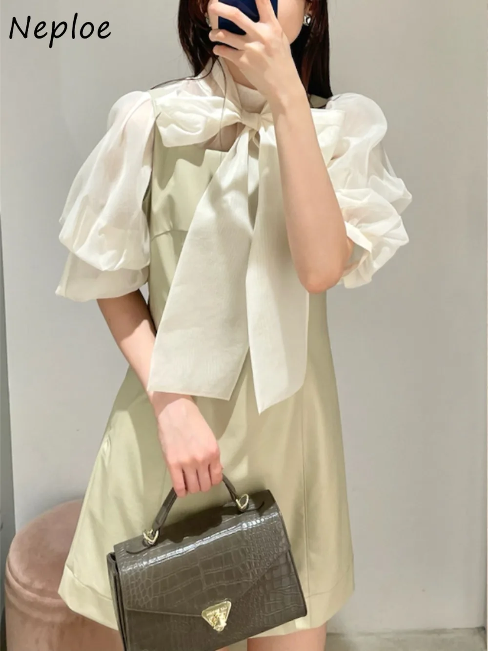 Neploe Sweet Stand Collar Puff Sleeve Elegant Crop Top Lace Up Bow Casual Chiffon Shirt Japan New Moda Polka Dot Fresh Blouses