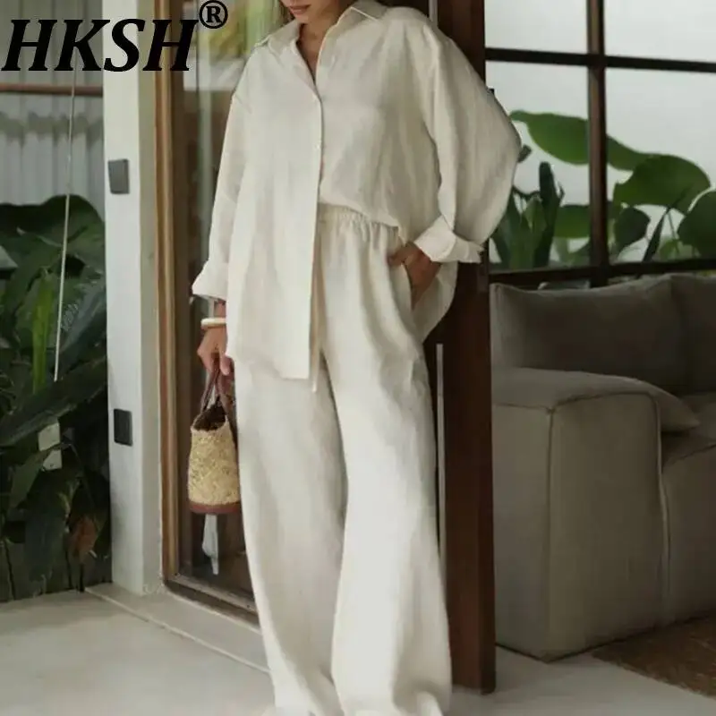 

HKSH Spring Autumn New Women Casual Cotton Two-piece Set Long Sleeves Shirt Solid Color Drawstring Elastic Waisted Pants HK18146