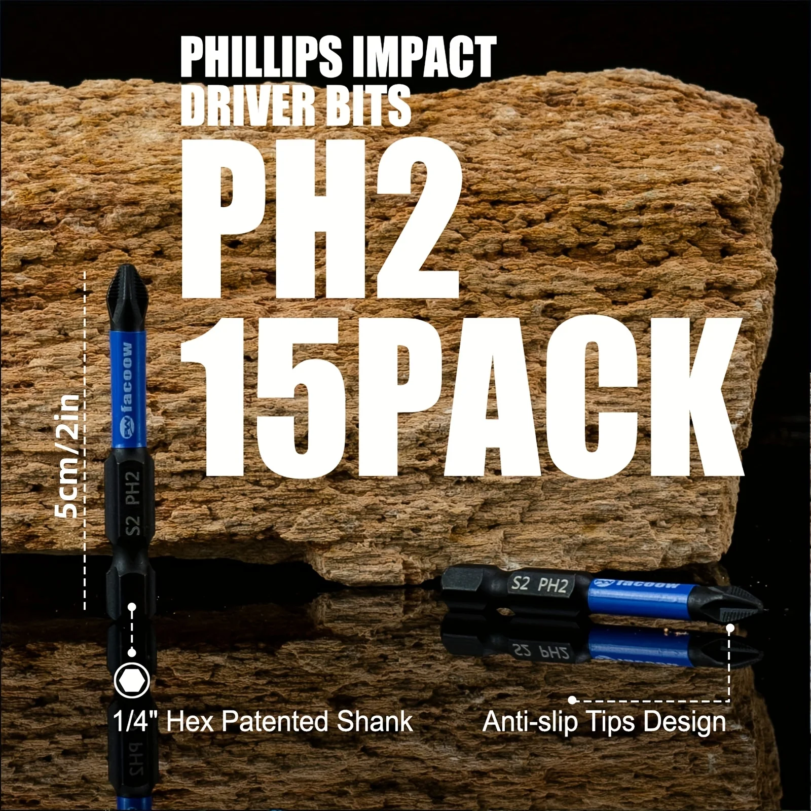 15Pcs Phillips Impact Driver Bits, #2 Screwdriver Bits, 2 Inch S2 Alloy Steel Impact Bits, 1/4