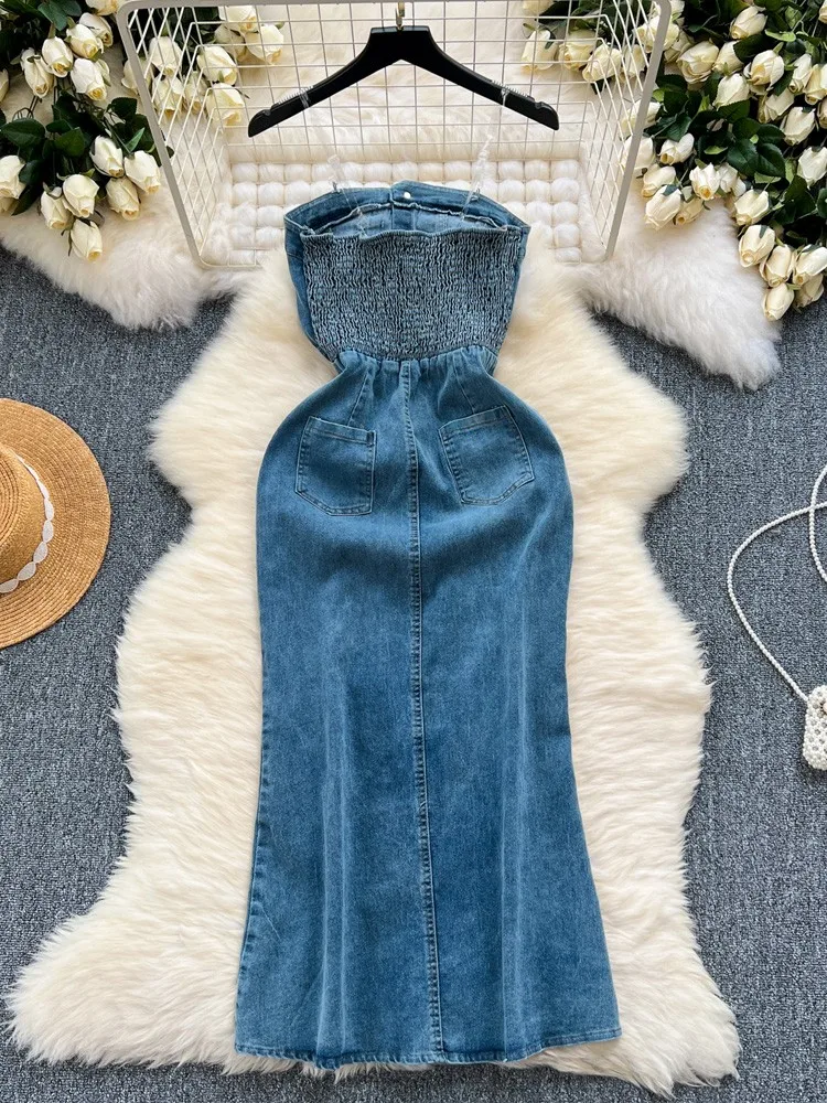 Lusumily 2024 New Summer Long Sexy Denim Dress Women Jean Dress Lady Backless Party Dresses Elastic Waist Forking Vestido Rober