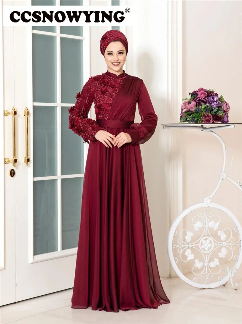 

Chiffon Appliques Muslim Hijab Evening Dresses Long Sleeve Islamic Formal Party Gown High Neck Arabic Kaftan Robe De Soiree