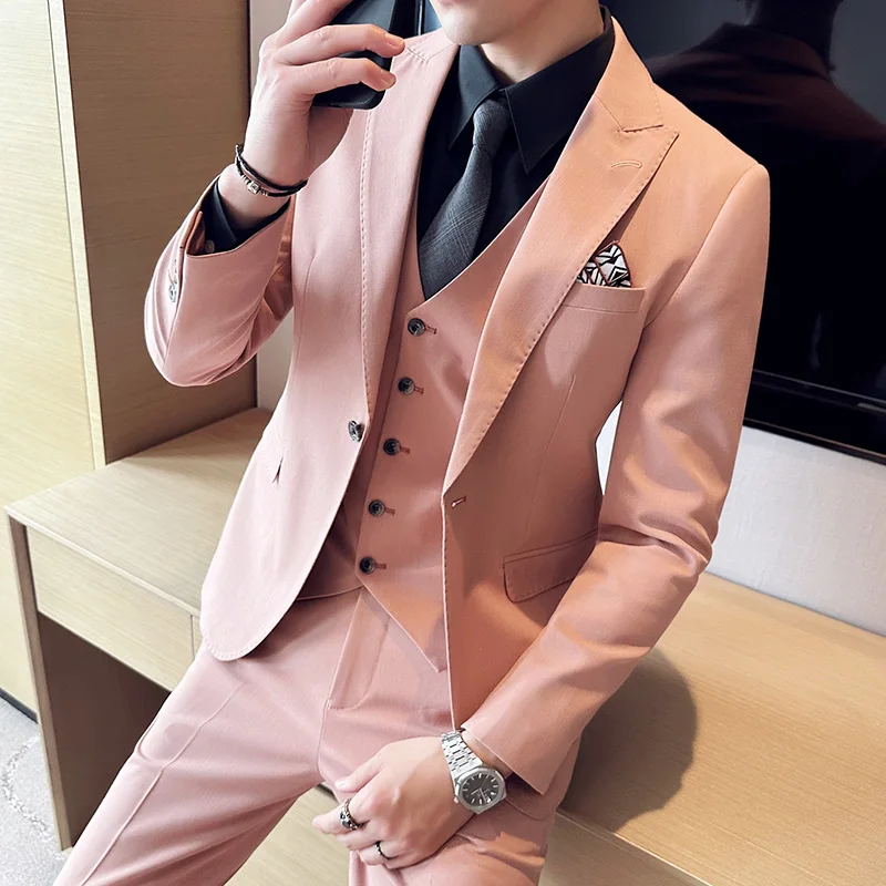 

(Jackets+Vest+Pants) Three-piece Spring Suits for Men Fashion Solid Color Casual Tuxedo/Man Groom's Wedding Dress Blazers 4XL