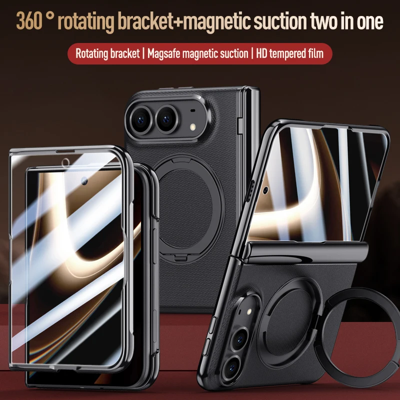 For iPhone Duo Case Matte Leather Hinge Rotating Bracket Magnetic Wireless Charging With Tempered Glass Film Shockproof Cover