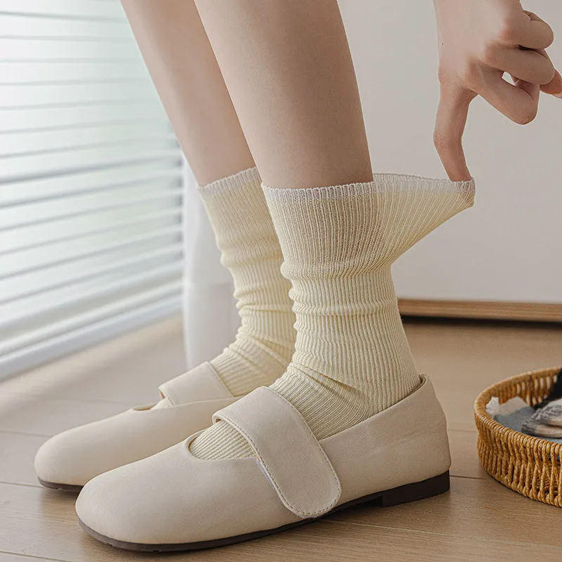 Cute Socks Color Matching Korean Style Solid Color Elastic Long Socks Women Japanese Kawaii Girls Sweet Lolita Ruffle Socks Sox