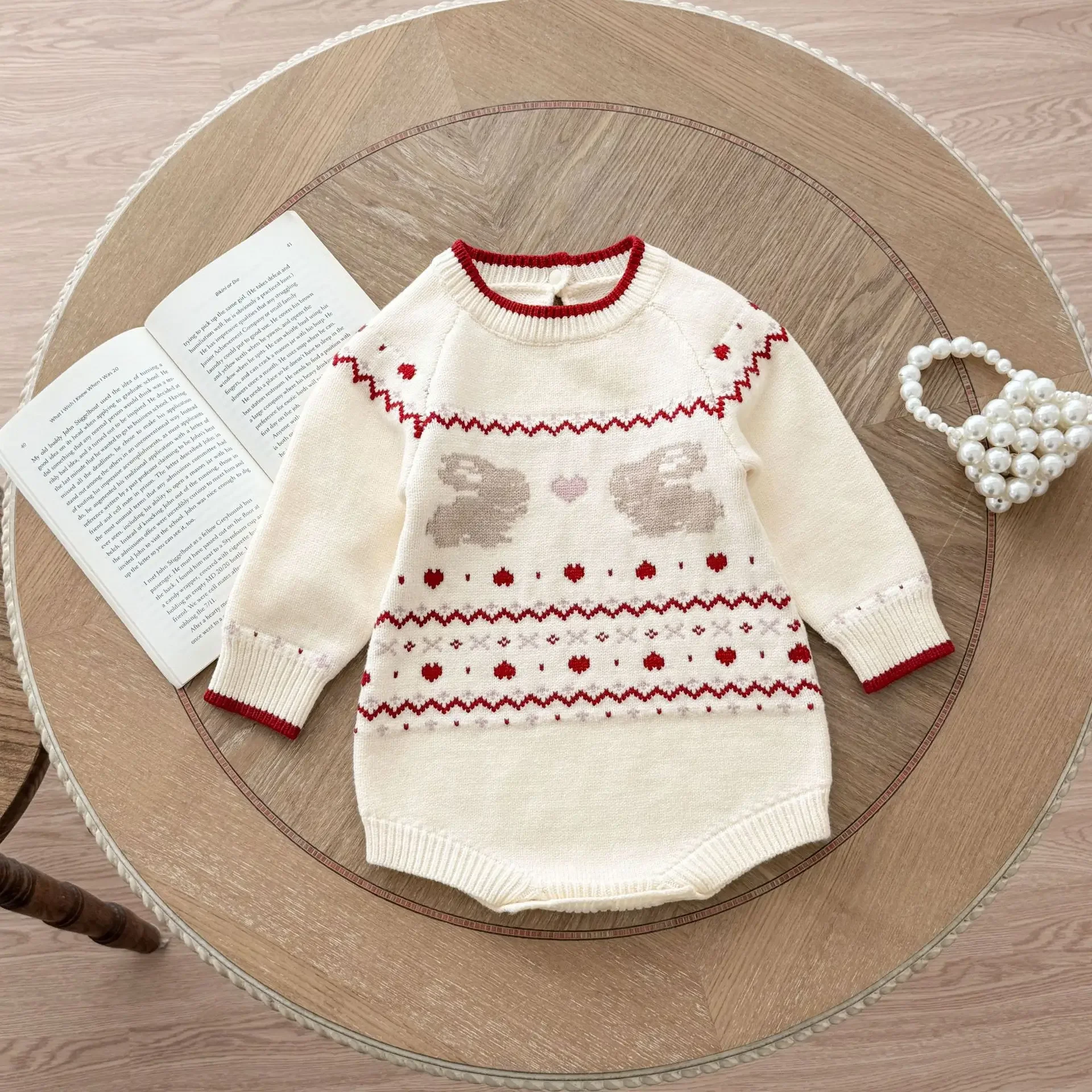 0-24M Newborn Kid Baby Girl Princess Knit Romper Winter Sweater Warm Clothes Long Sleeve Rabbit Print Knitwear Outfit