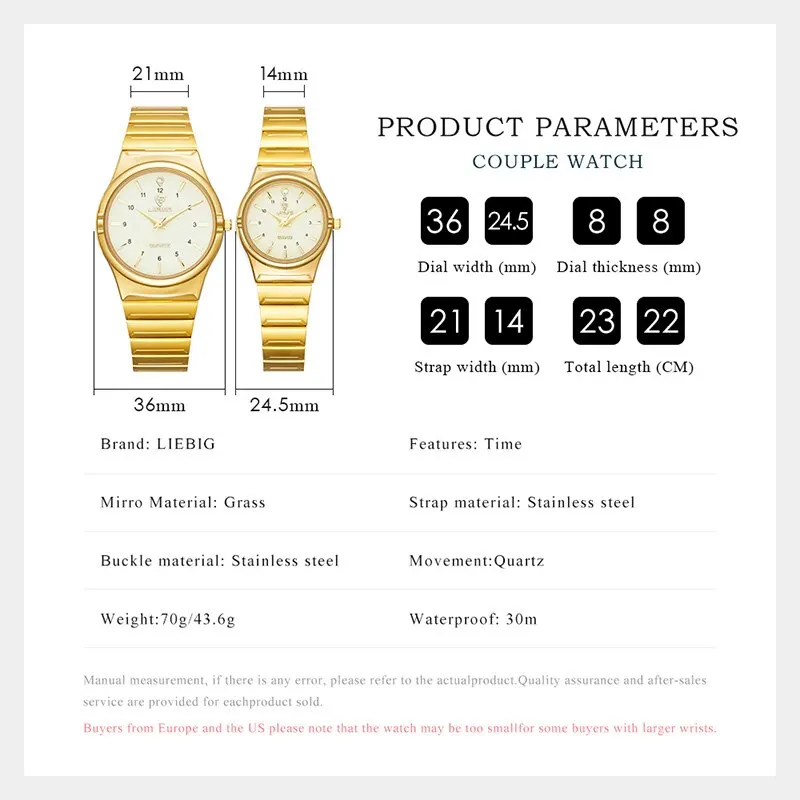 LIEBIG Japan Quart Movement Women Mens Watches Luxury Stainless Steel Female Ladies Golden Wristwatch Clock Relogio Feminino