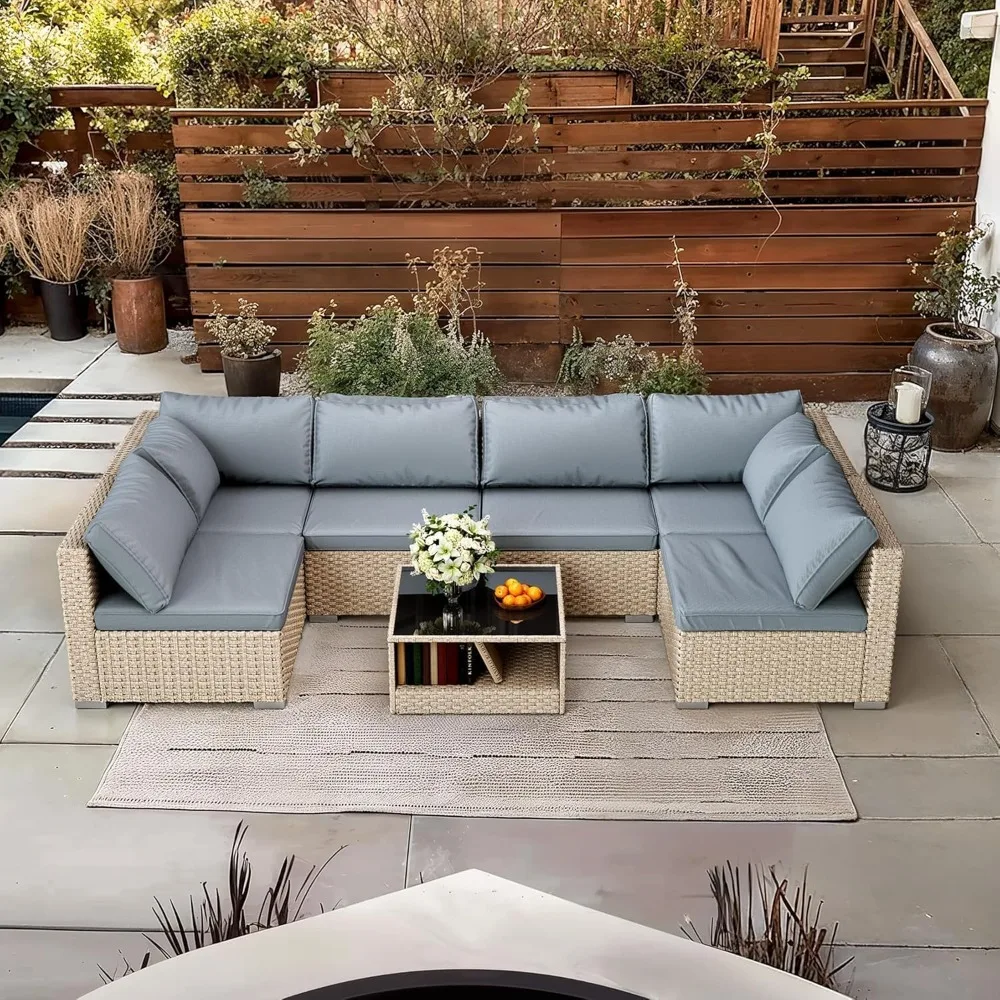 

7-Piece Patio Furniture Set, Outdoor Wicker Conversation Set Sectional Sofa with Waterproof Thick Cushions and Coffee Table, Gre