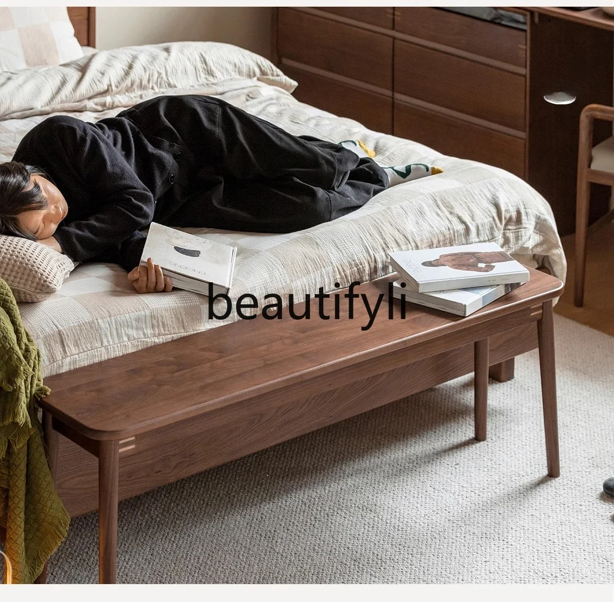 

Nordic black walnut bench solid wood bench home dining room dining chair bedroom end of bed07