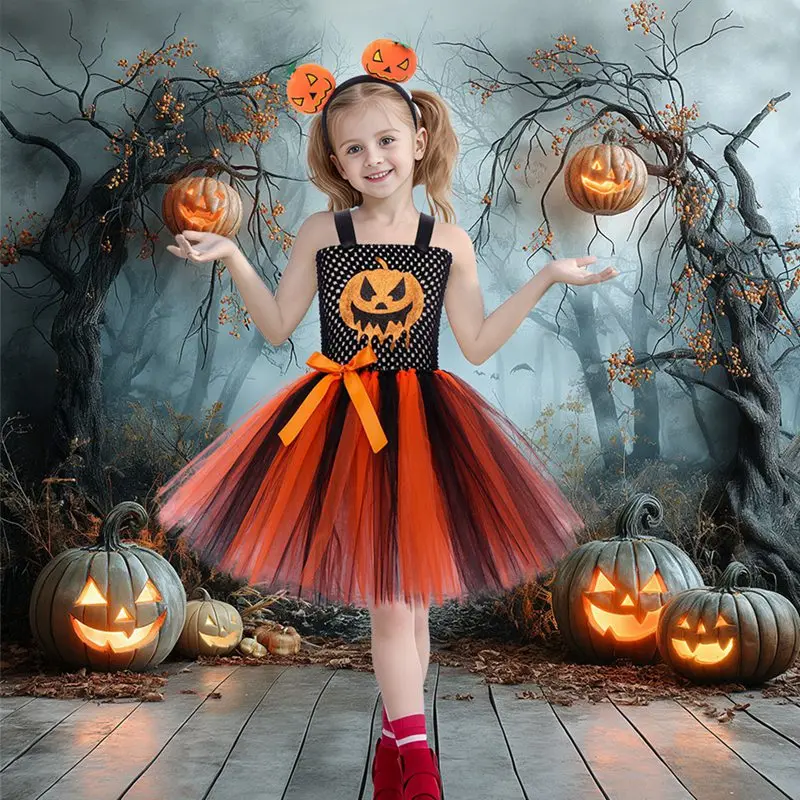 Zestaw ubrań dla dziewczynek śliczna Halloweenowa sukienka w kształcie dyni księżniczka Tutu Halloween dziecięca moda Cosplay strój występ na scenie