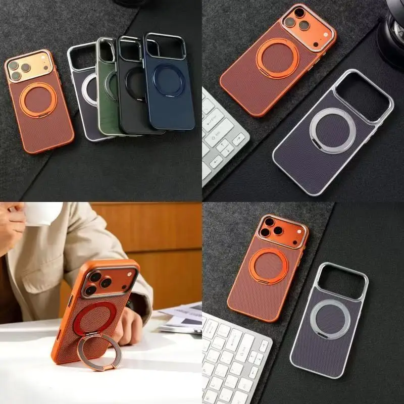 

For iPhone 17 Pro Max 16 15Pro For Magsafe Tech Fabric Magnetic Phone Case Metal Lens Frame 360° Rotating Stand Shockproof Cover