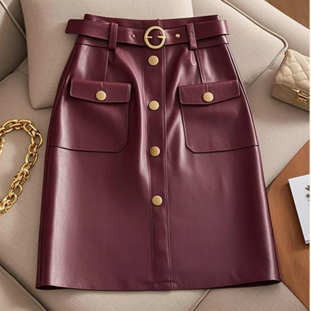 

2024 autumn new high-end and super good-looking A-line skirt, fashionable and high-end wine red leather black skirt